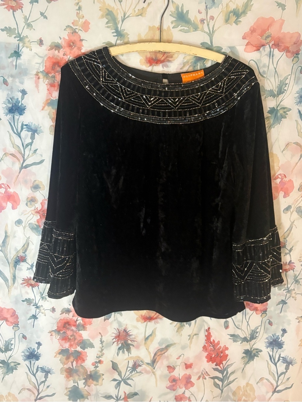 Oliphant Black Velvet Top with Beaded Neckline and Cuff Detail